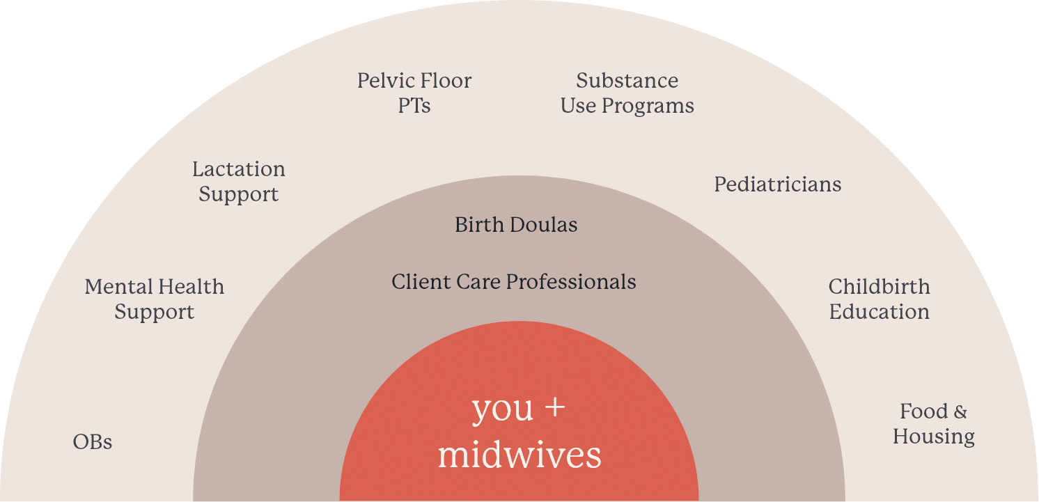 Three concentric semi-circles illustrate how Quilted Health patients and their midwives fit within a team of medical and community support professionals